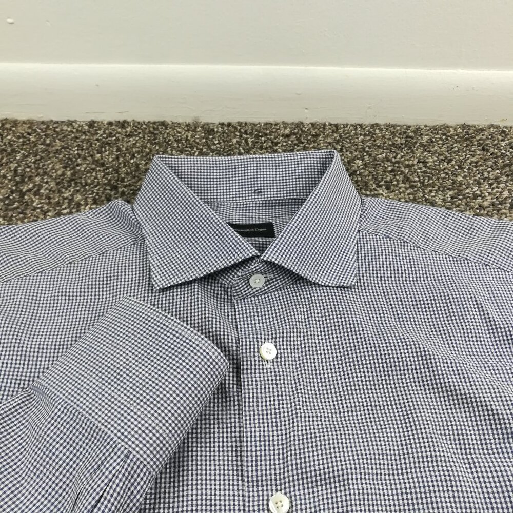 Ermenegildo Zegna Dress Shirt Blue Gingham Checked 17.5 | 44
